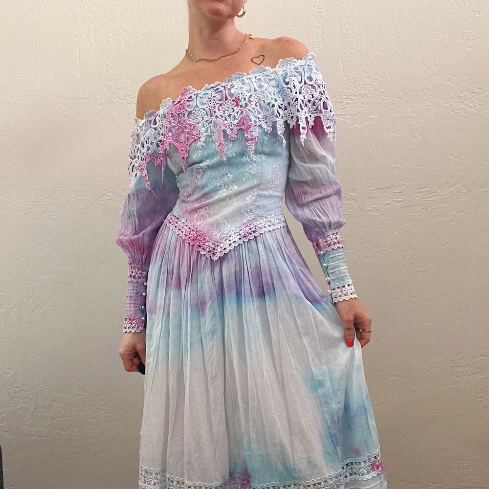 Vintage 1980's Jessica McClintock Tie Dye Midi Dress - Picture 4 of 7
